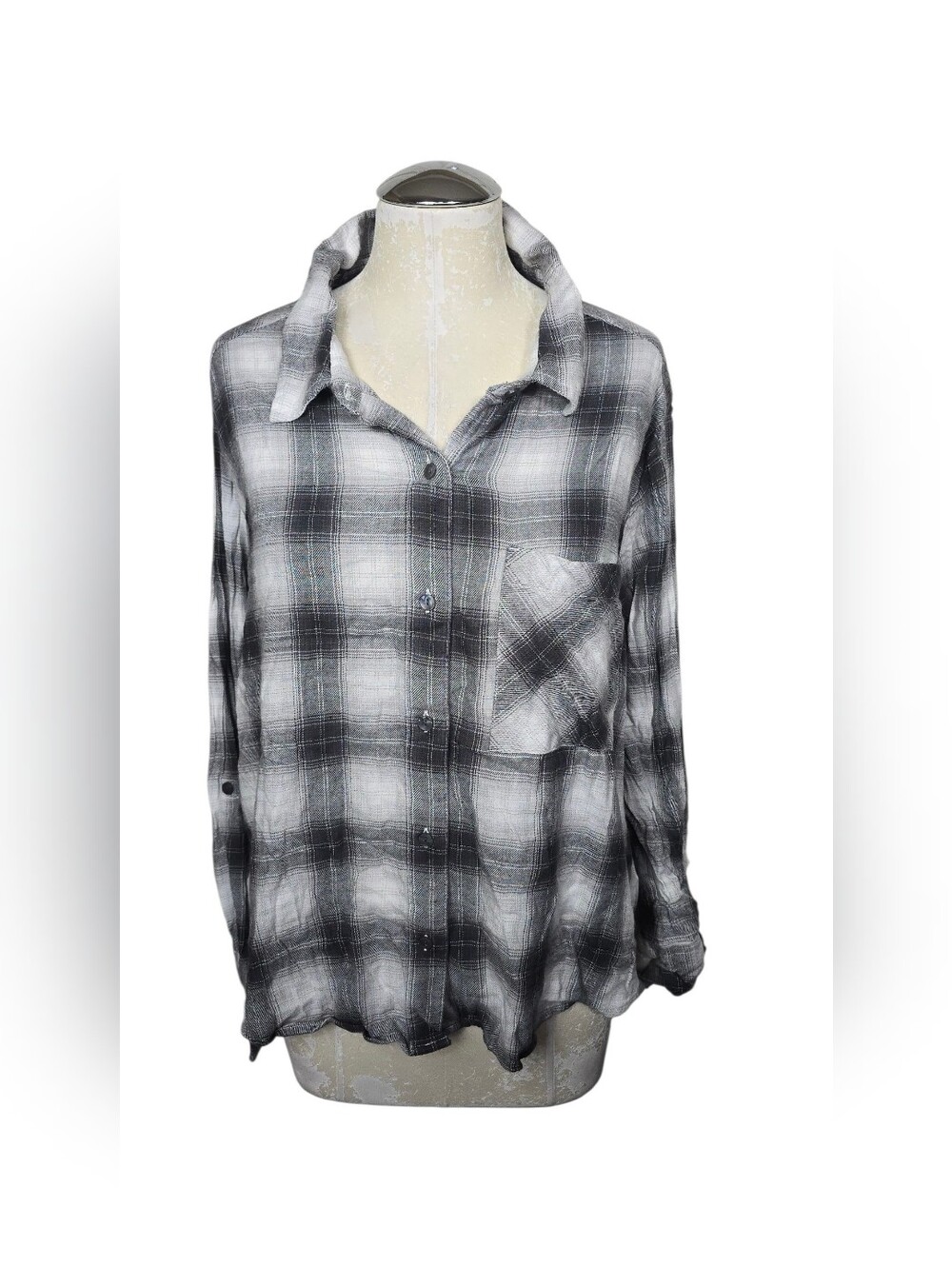 Time & Tru Plaid Button Down Long Sleeves Shirt XXXL 22 Gray White Black